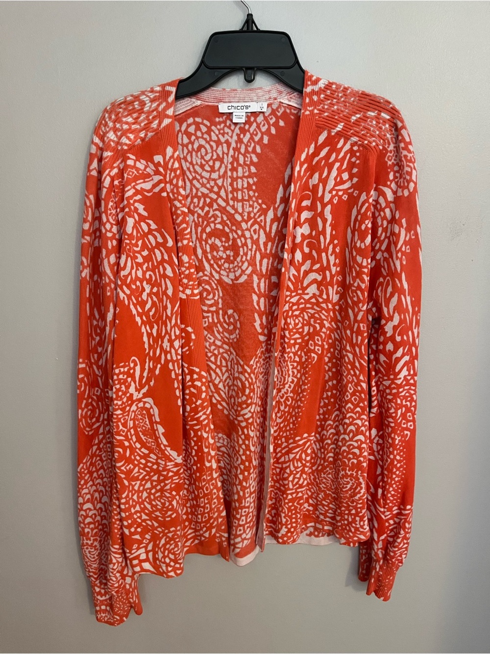 Chico's Orange & White Patterned Open-Front Cardigan